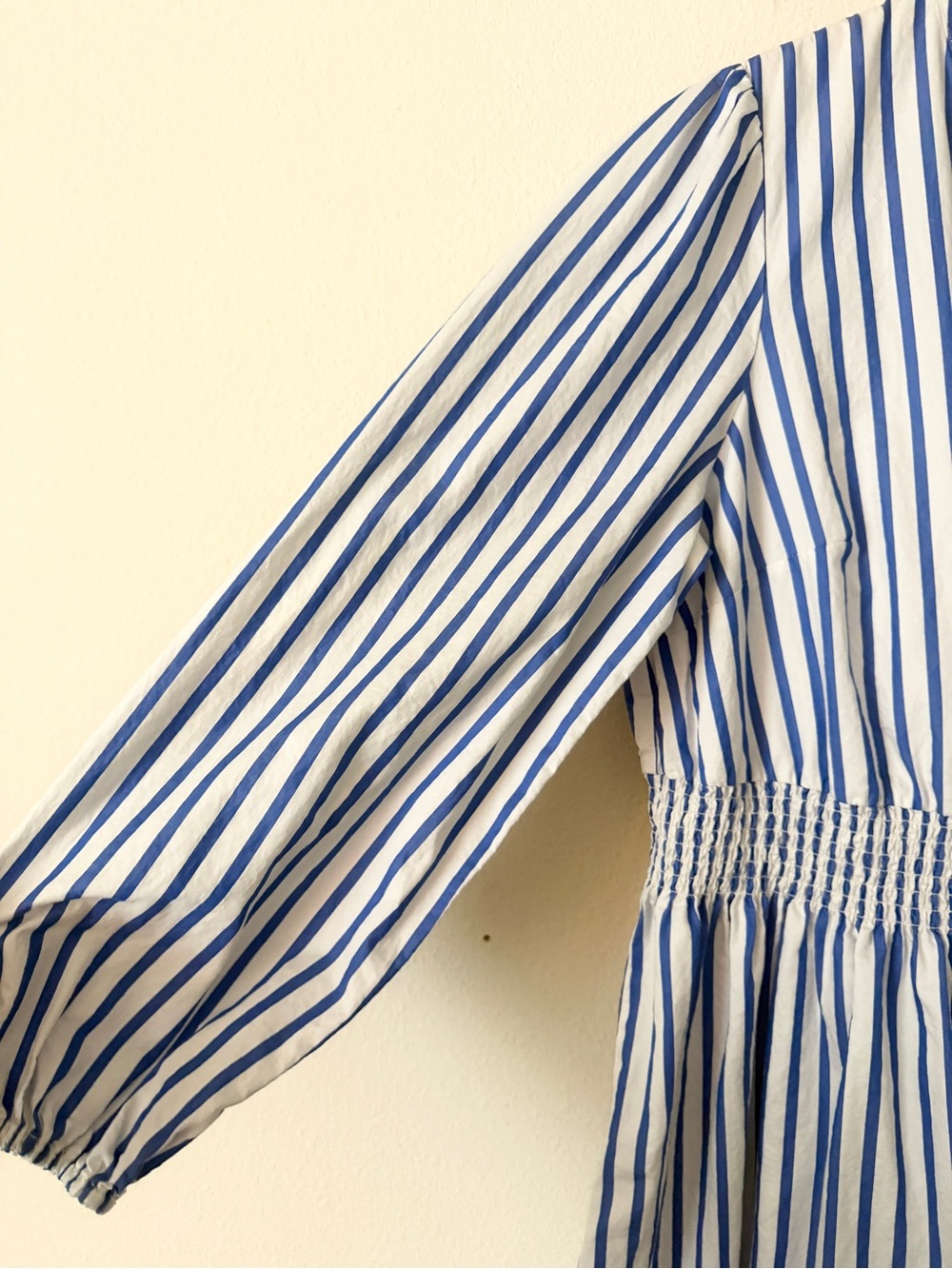 Boden SIZE 16-18 smocked waist blue white striped long sleeve cotton midi dress - Picture 3 of 7